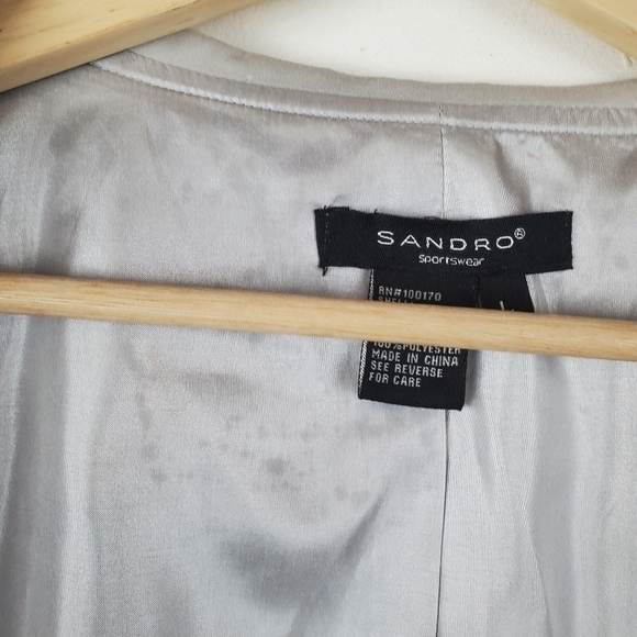 Sandro Jacket Womens Large Gray Silver Blazer Tie Waist Button Up 3/4 sleeves - Picture 11 of 13